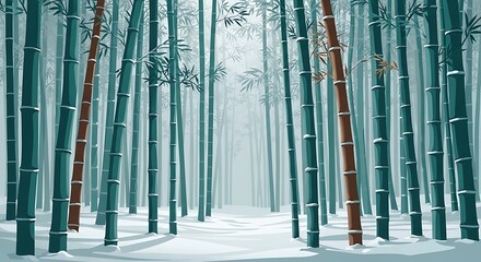 Obraz premium A stylized illustration depicts a wintery bamboo forest, a snowy path leading into the misty distance