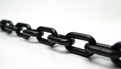 Fototapeta premium Thick black plastic chain links form continuous line against white background. Industrial component shows segmented parts of connected system for transport assembly. Robust manufacturing material