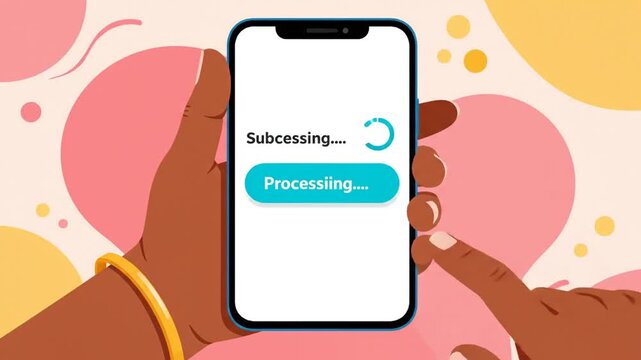 Close-up of a hand holding a smartphone with a processing screen, symbolizing digital tasks and technology.