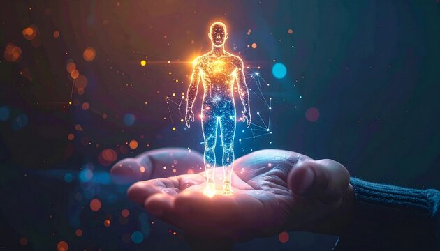 Glowing human figure above a hand embodying customer centric design and personalized support within modern digital work.