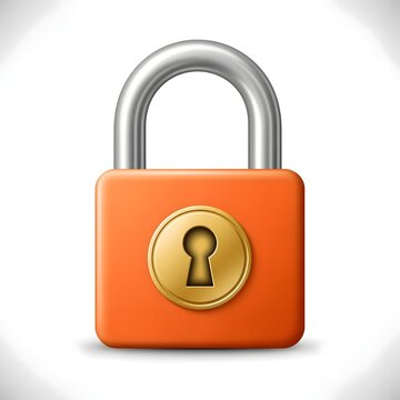 Bright orange padlock with a shiny gold keyhole and silver shackle isolated on a white background