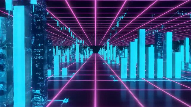 Futuristic Data Visualization Perspective, glowing magenta grid receding into digital dark, vibrant blue bar graphs pulsating