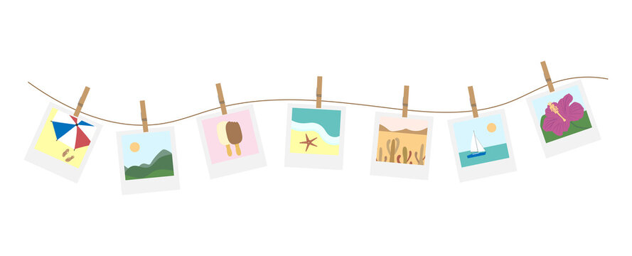 Seven summer-themed Polaroid photos hang with clothespins on a rope. Pictures include mountains, a rhinoceros, a cactus, a beach, ice cream, and a hibiscus flower.