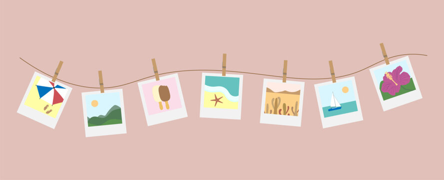 Seven summer-themed Polaroid photos hang with clothespins on a rope. Pictures include mountains, a rhinoceros, a cactus, a beach, ice cream, and a hibiscus flower.