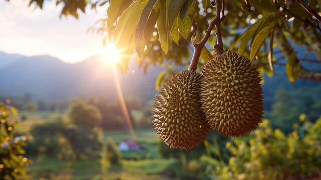 Durians. Close up Durian in orchard. Durian Fresh fruit on tree, Durians. Tropical Asian fruit. Musang king. Best quality product food. Agricultural establishment. Organic farming. Advertising concept