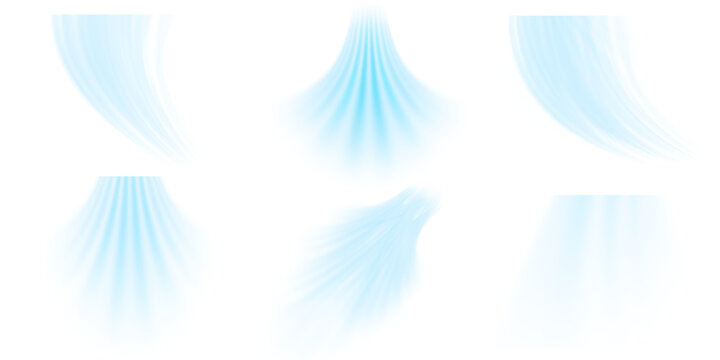 Air flow set of vector elements on a white background. Abstract light effect blowing from an air conditioner, purifier or humidifier. Dynamic blurred flow motion