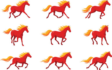 Eight red horses with yellow manes and tails in various running positions © Star_Pixels11