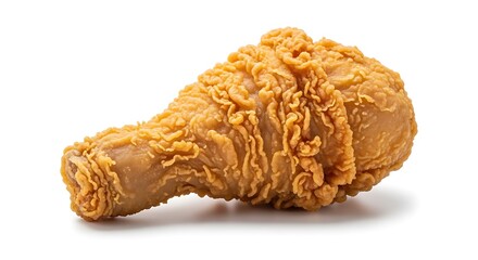 Crispy fried chicken leg with crunchy exterior and juicy interior on white background