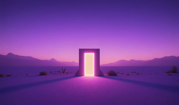 Glowing portal in a surreal minimalist digital art style, purple violet and golden colors, representing a gateway to another dimension in a desert landscape [with copy space]