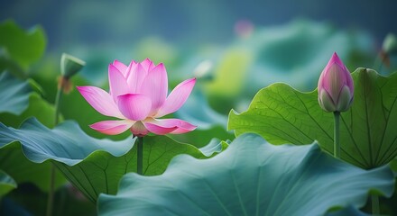 Obraz premium A vibrant pink lotus flower blooms amidst green lily pads, a tranquil aquatic scene