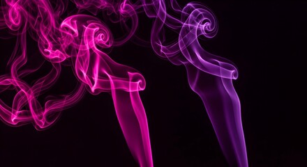 Fototapeta premium Vibrant pink and purple smoke swirls on black background, abstract design