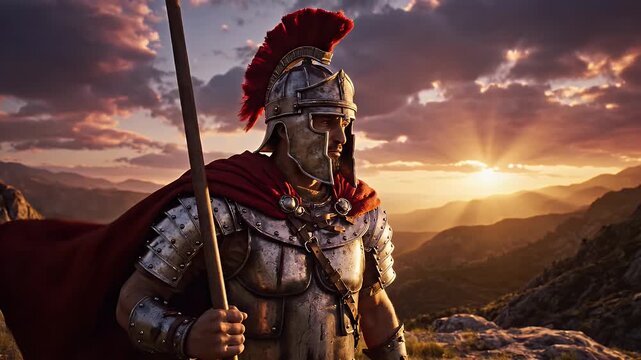 Ancient Warrior Guarding Hilltop at Sunset - A stoic ancient warrior stands watch on a hilltop, clad in armor and helmet, with a spear in hand.