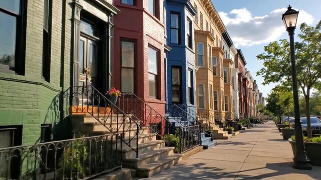 Colorful historic townhouses line urban street on sunny day
