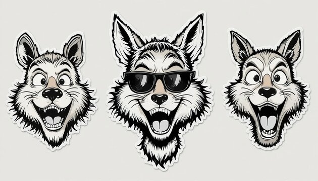 Funny cartoon wolf faces with different expressions and sunglasses