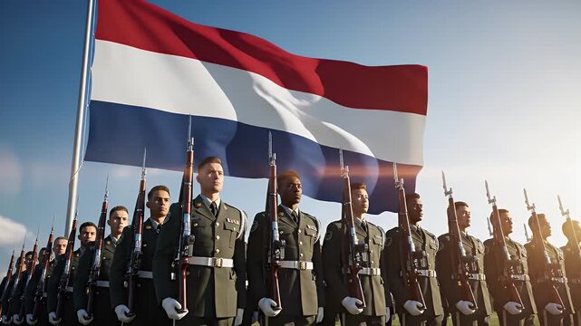 Netherlands Military Honor Guard at Attention - A diverse group of uniformed soldiers stands at attention, holding rifles, beneath a large waving Netherlands flag against a blue sky.