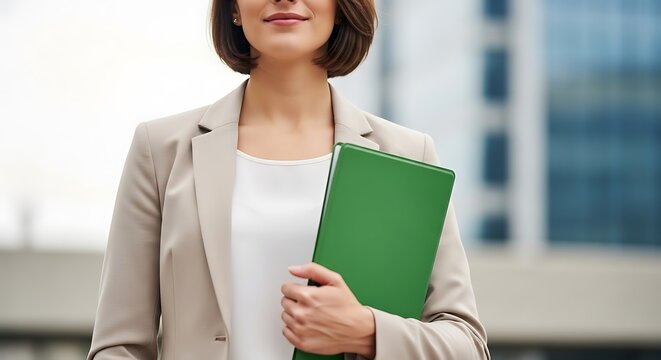 A woman in a tan blazer, holding a green file, stands outdoors in front of a building