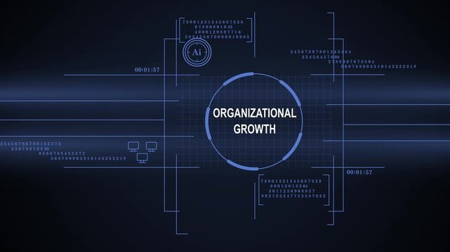 Futuristic Digital Interface with Organizational Growth Text, AI Logo, and Data Visualization Elements for Business and Technology Concepts
