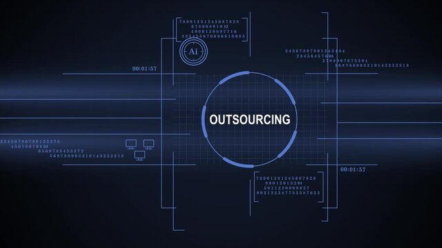 A high-tech digital HUD display featuring the word OUTSOURCING at the center, surrounded by data streams, AI icons, and geometric graphics on a futuristic dark blue background.