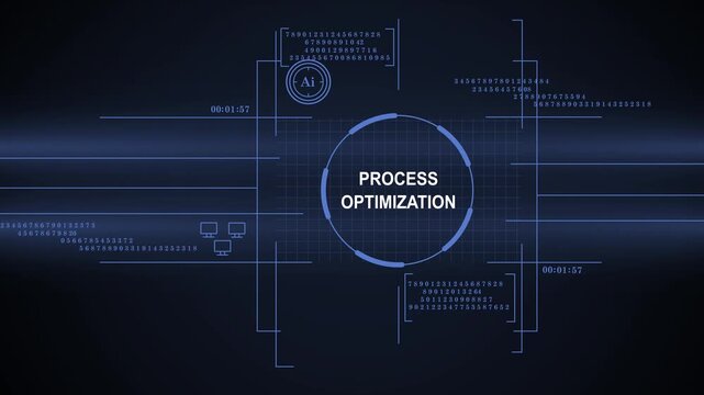 A sophisticated digital HUD display featuring data analytics, AI symbols, and numerical sequences focused on process optimization against a dark blue high-tech background.