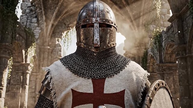 Armored Templar Knight in Castle Ruins - A solemn Templar Knight stands guard in the ruins of an ancient historic castle.