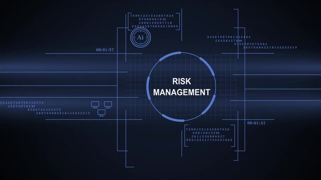 A professional digital interface featuring Risk Management text, AI integration, and complex data visualizations. Ideal for technology, business strategy, and cybersecurity contexts.
