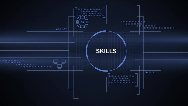 A sophisticated dark blue technological background featuring a central circular skills display surrounded by digital data, code, and artificial intelligence interface elements for data analysis.