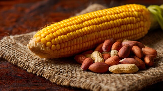 Golden corn cob and roasted peanuts on rustic burlap and dark wood surface