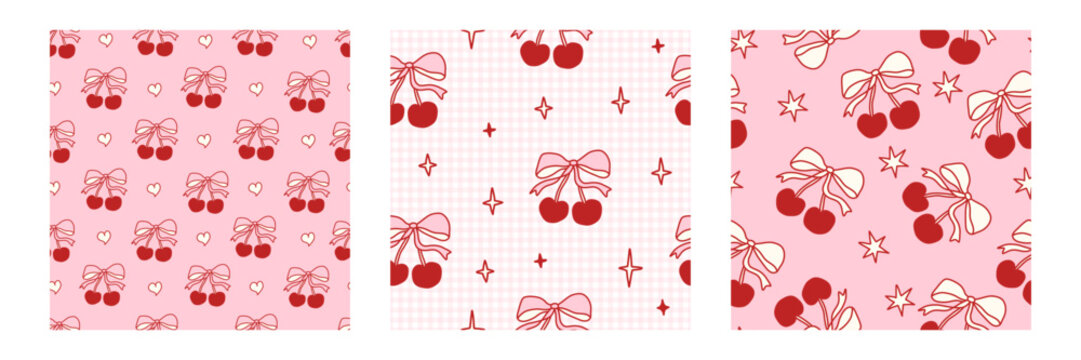 Seamless cherry pattern set with pink bows and ribbons. Cute coquette design featuring fresh fruit, romantic lace details, and girly vintage aesthetic for fabric or wallpaper.