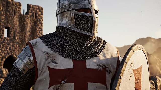 Brave Templar Knight Standing Guard - A brave knight stands wearing an armored suit of templar armor. The military leader is shown holding a shield, with a castle in the background.