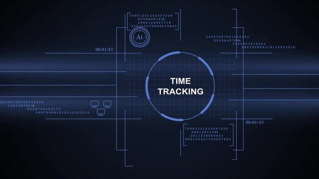 A high-tech digital HUD display featuring a time tracking circle, numerical data streams, and AI icons on a dark blue background, representing professional productivity and business efficiency.
