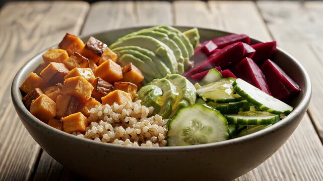 Vegetarian Buddha Bowl with Sweet Potatoes - This video shows a colorful and healthy Buddha bowl filled with mixed vegetables.