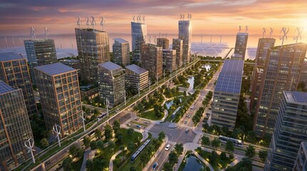 Obraz premium Modern Cityscape at Sunset: Futuristic Skyscrapers, Green Parks, and Waterfront Development with Warm Golden Hour Light