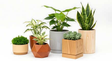 Fototapeta premium Several potted plants with different leaves and wooden planters on white background