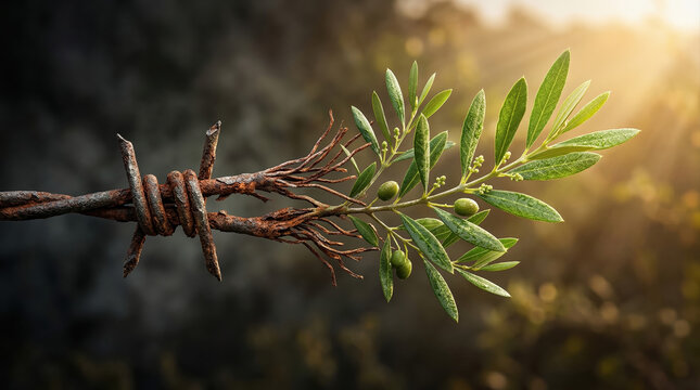 Symbolic Image of an Olive Branch Growing Through Rusted Barbed Wire at Sunset, Representing Peace Overcoming Conflict, Hope, Freedom, and Reconciliation in Difficult War Zones.