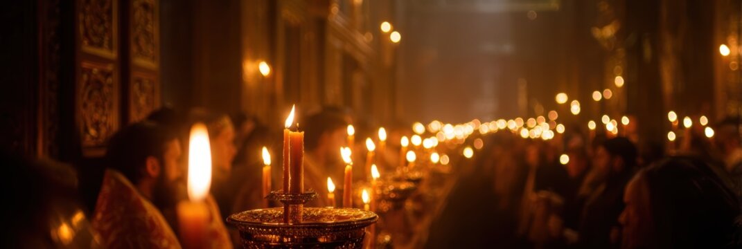 religious midnight service, a dimly lit cathedral with worshipers holding glowing candles during an orthodox paschal midnight service, with text on the left