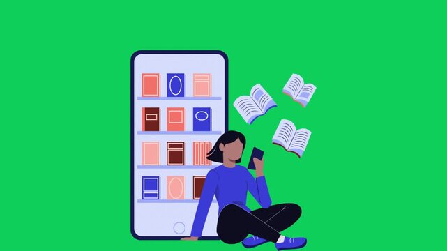 Digital Library Concept with Woman Using Mobile App on Green Screen