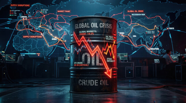 Global Oil Crisis Concept Featuring a Crude Oil Barrel with a Red Downward Market Trend Arrow and a Futuristic Digital World Map Data Background Representing Economic Recession.