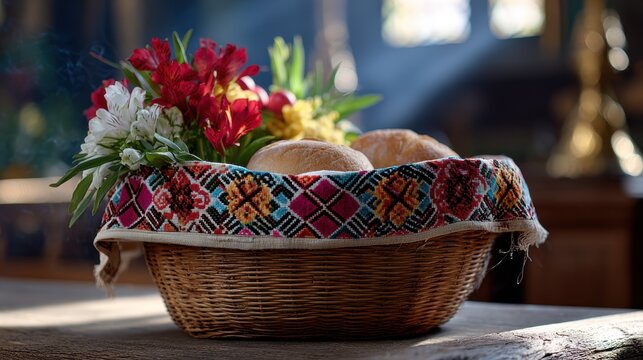 easter celebration, traditional easter basket in a church filled with kulich, red eggs, sausage, and cheese, covered by a hand-embroidered slavic towel capturing light and incense