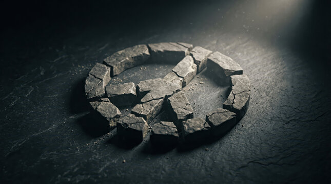 Broken Stone Peace Symbol on Dark Background Representing War, Conflict, and the Fragility of Global Stability; Conceptual Image of Ruined Pacifism and Social Unrest in the World.