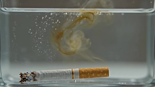 Cigarette Sinking Underwater - A cigarette is shown sinking slowly in a transparent container filled with water. Smoke and bubbles are released from the cigarette as it descends.