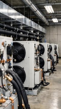 Row of commercial cooling systems with large ventilation fans