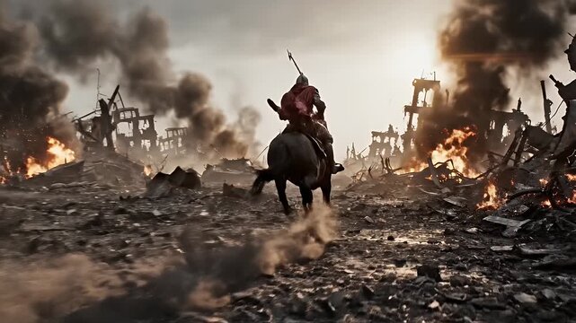 War-Torn Landscape Rider - A knight rides through a war-torn, dusty landscape, with embers and smoke filling the air. The rider is seen from behind, wearing a red cape and holding a spear.