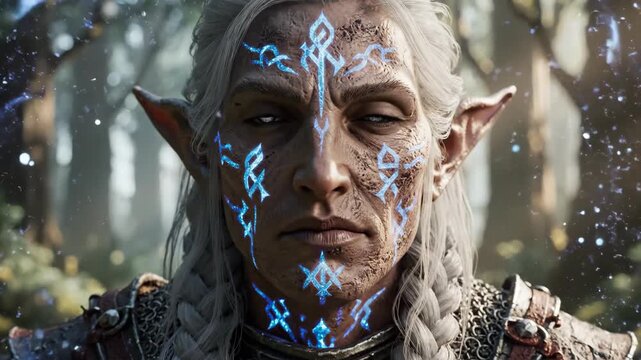 Elf warrior woman channeling magic energy spell. Magical guardian with glowing runes on face forest background. Fantasy character empowering supernatural power.