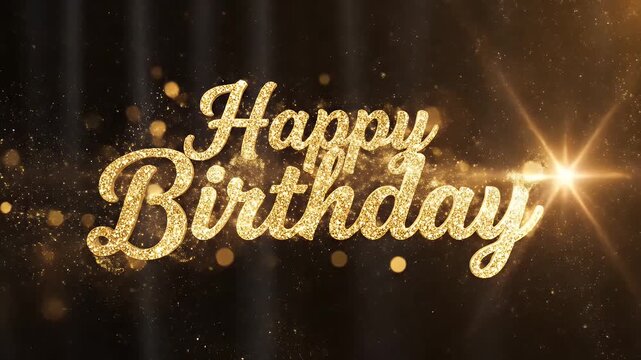 Festive golden Happy Birthday text with sparkling particles