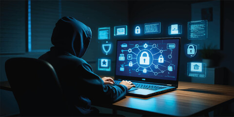 Hacker in hoodie using laptop with glowing cybersecurity interface, lock icons, and network connections, digital threat concept, data protection, online security © RoyhanaFatema