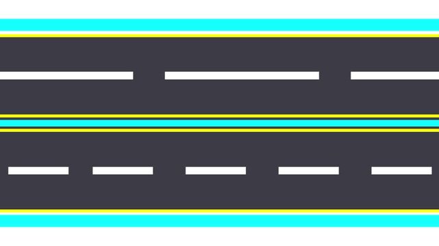 Abstract looping animation of a two-lane road with white dashed markings, yellow double lines, and cyan borders, driving, journey, travel, or infrastructure