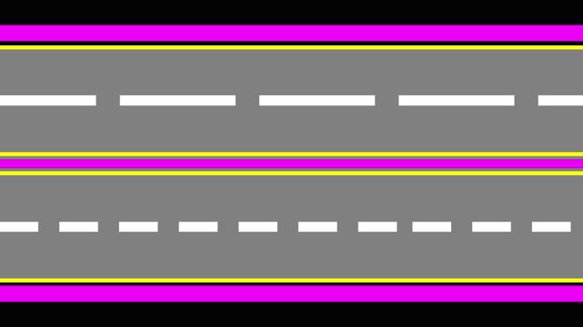 Animated road surface with dashed white lines, double yellow lines, and magenta borders, traffic, highway, transportation, journey, or travel