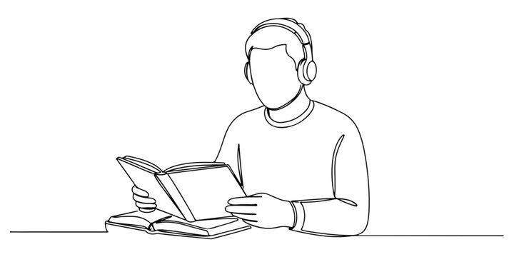 Continuous one line of an adult learning foreign languages ​​through books and headphones, depicting multilingual, ambitious and global learning, drawn illustration.