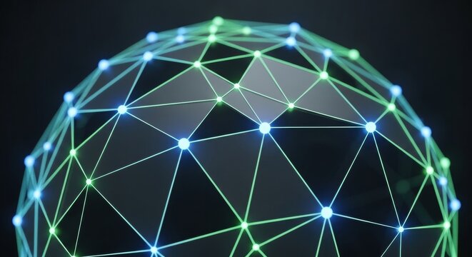 Abstract Geodesic Sphere of Glowing Blue and Green Data Points; 3D Digital Network Mesh representing Global Connectivity, Neural Plexus, and Cyber Technology
