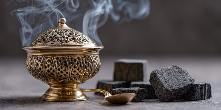 religious object photography, sharp focus and professional lighting capture rising incense in an ornate brass thurible in a close-up shot
